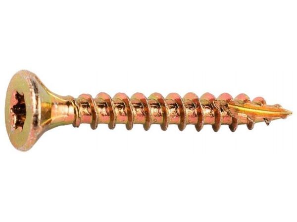 T-17 vrut pro tvrdé dřevo, zápustná hlava se 4 drážkami, torx 25, špička se zářezem, částečný závit, ocel, zinek žlutý fe/zn5/c 