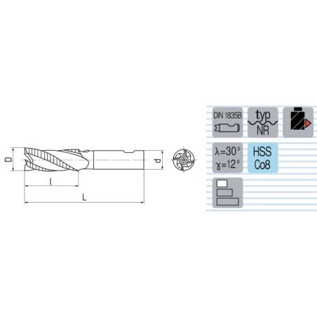 Fréza válcová čelní extra krátká typ NR F124218K - ZPS