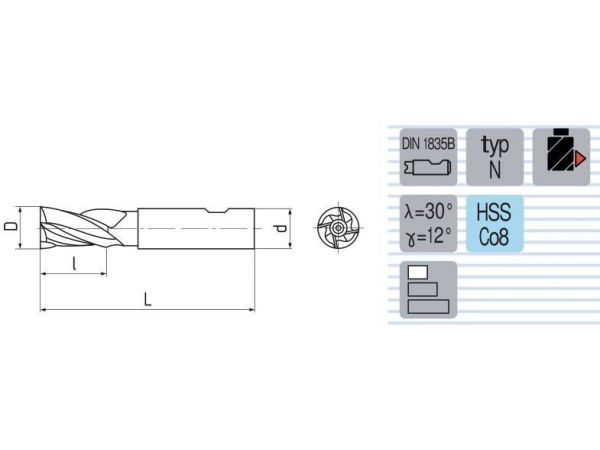 Fréza válcová čelní extra krátká typ N F120218K...
