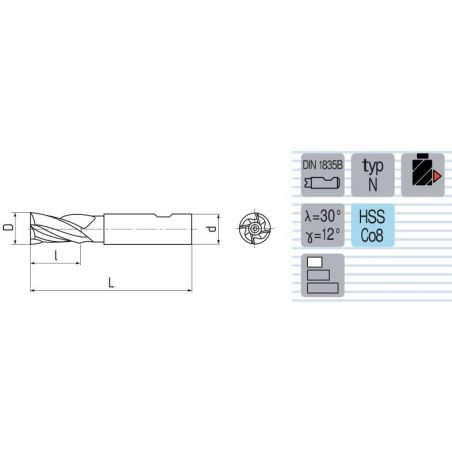 Fréza válcová čelní extra krátká typ N F120218K - ZPS