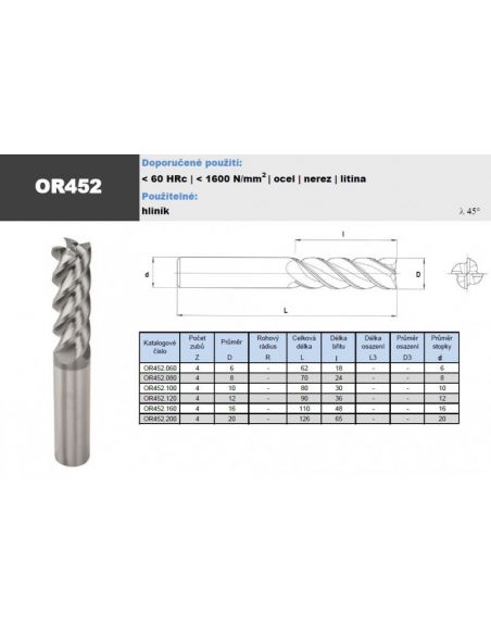 Fréza SK válcová čelní 4-břitá se šroubovicí 45° - PILANA Karbid